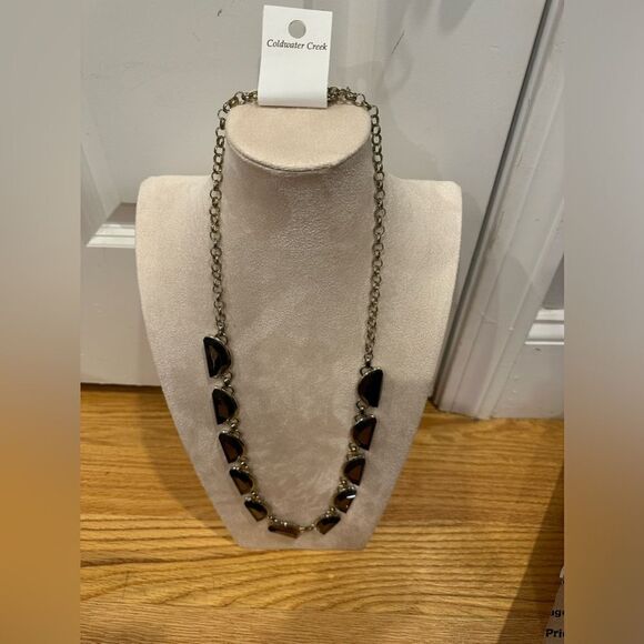 Cold Water Creek half circle brown gems gold long statement necklace - Picture 3 of 4